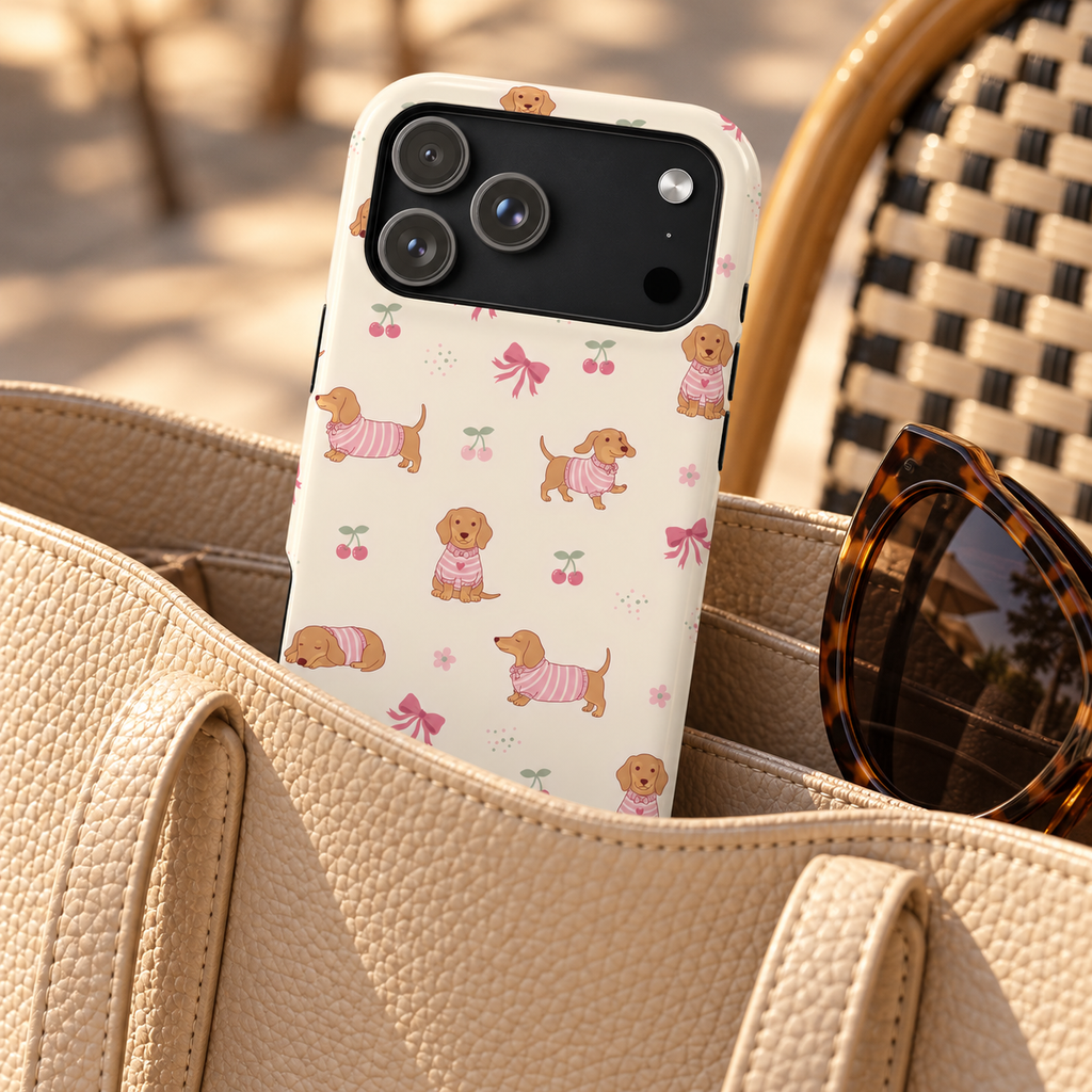 Dachshund Cherry phone case with card holder, dachshunds in pink sweaters with bows and cherries, lifestyle photo in a handbag