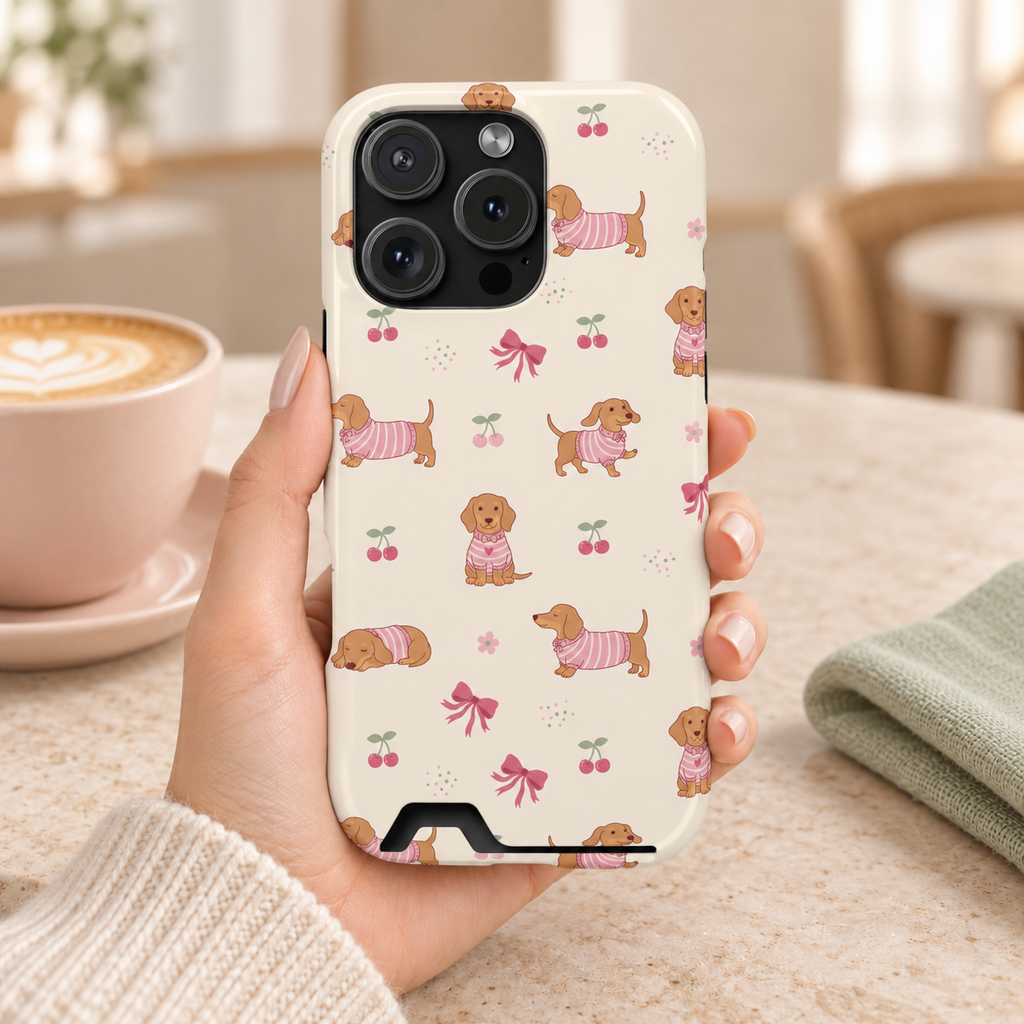 Dachshund Cherry phone case with card holder, dachshunds in pink sweaters with bows and cherries, lifestyle photo in hand with coffee