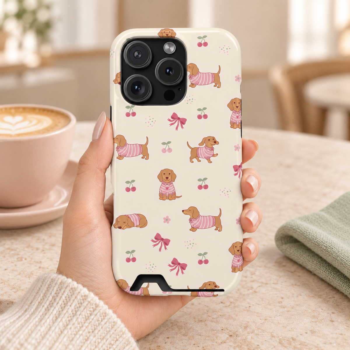 Dachshund Cherry phone case with card holder, dachshunds in pink sweaters with bows and cherries, lifestyle photo in hand with coffee