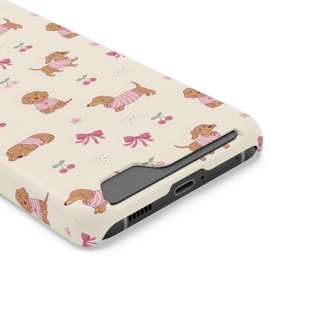 Dachshund Cherry phone case with card holder, close-up of the card slot