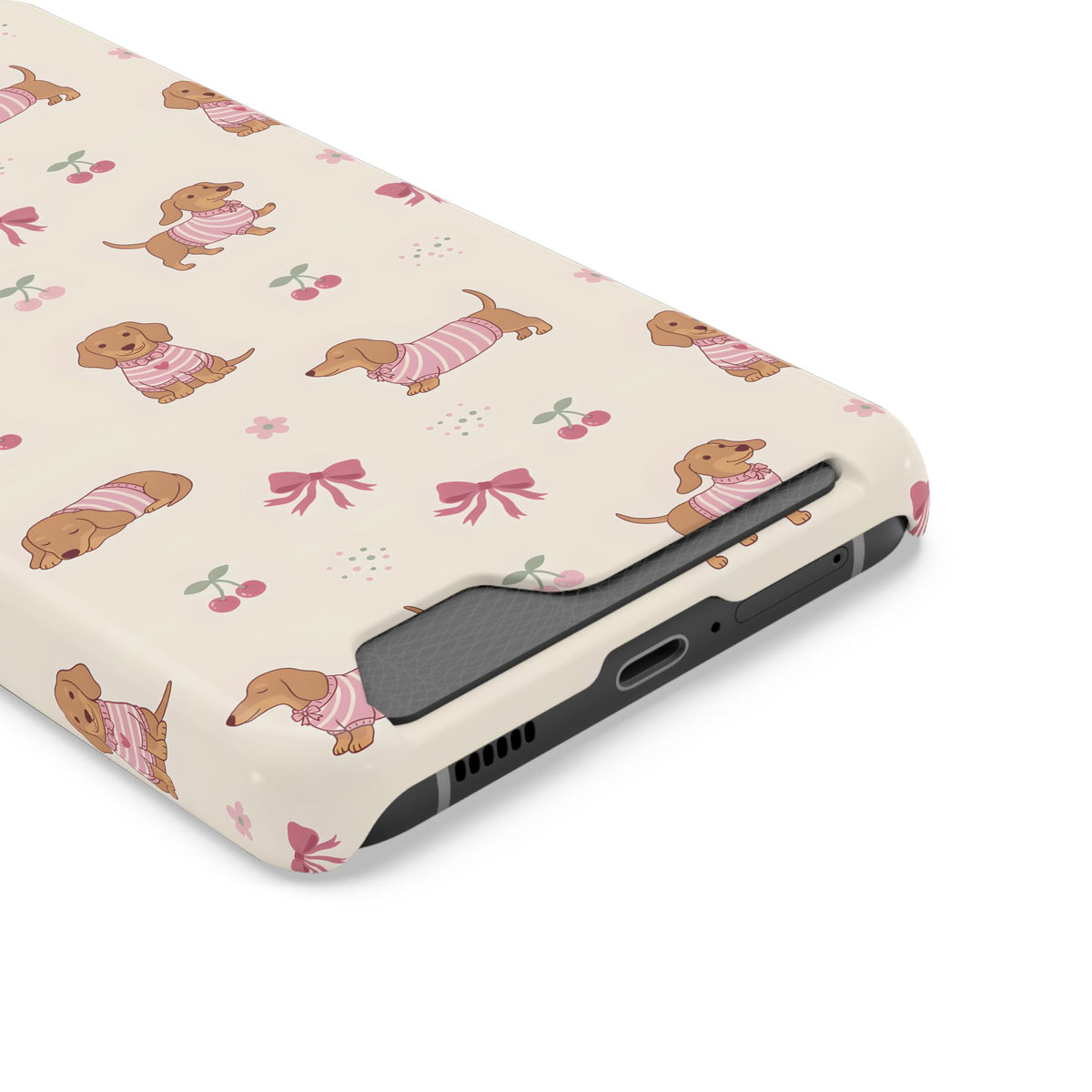 Dachshund Cherry phone case with card holder, close-up of the card slot