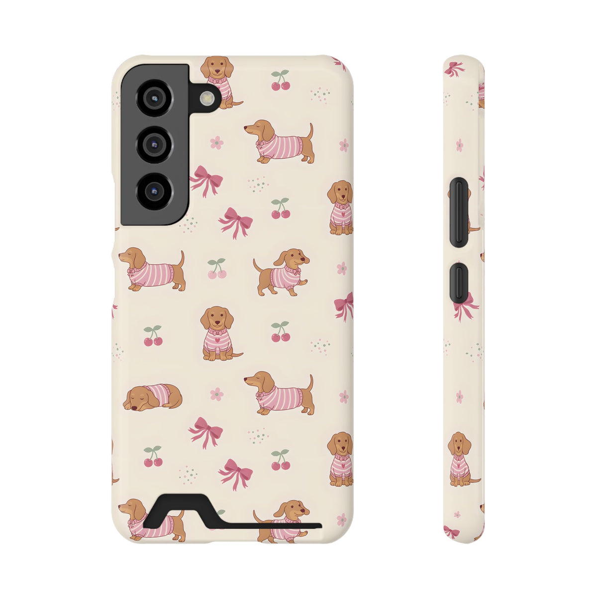 Dachshund Cherry phone case with card holder for Samsung Galaxy S22, glossy finish