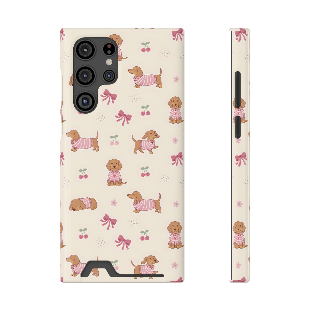 Dachshund Cherry phone case with card holder for Samsung Galaxy S22 Ultra, glossy finish