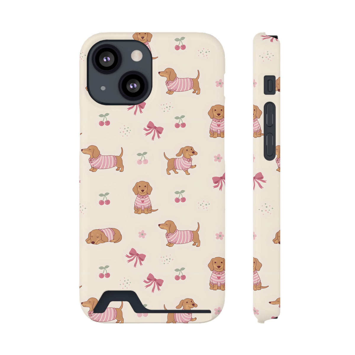 Dachshund Cherry phone case with card holder for iPhone 13 Mini, glossy finish