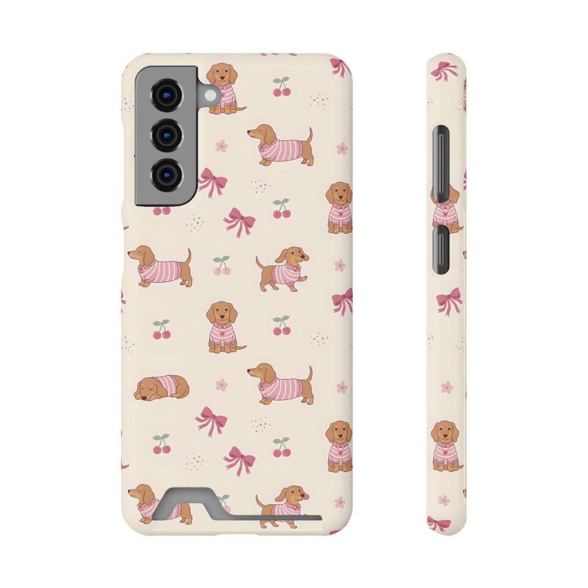 Dachshund Cherry phone case with card holder for Samsung Galaxy S21, glossy finish
