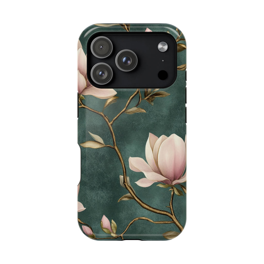 Emerald Magnolia protective phone case for iPhone 18 Pro, glossy finish
