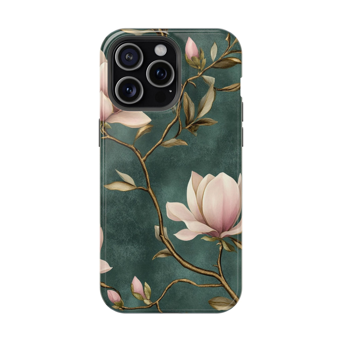 Emerald Magnolia protective phone case for iPhone 15 Pro Max, glossy finish