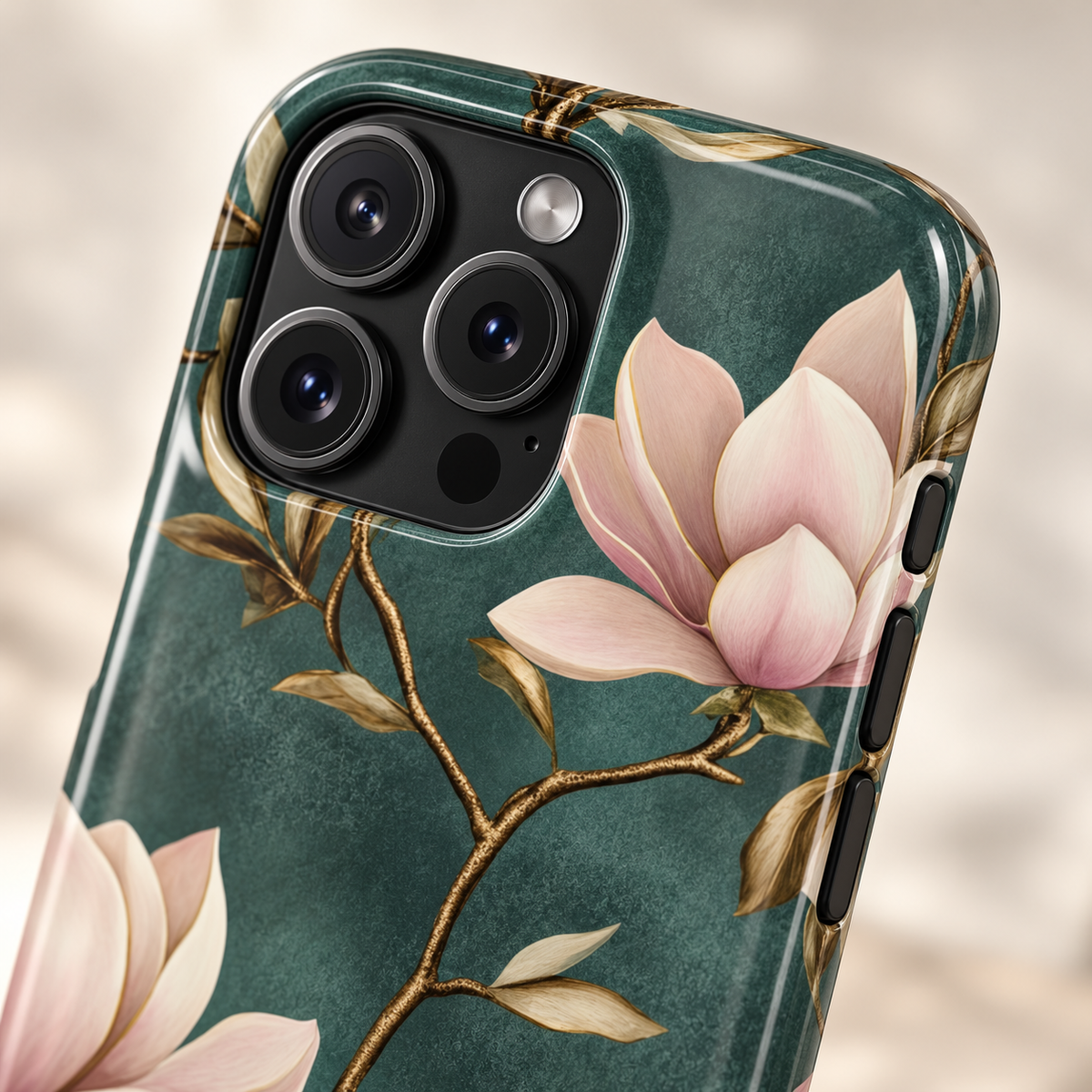 Emerald Magnolia protective phone case, blush magnolias on emerald green, lifestyle close-up of the camera