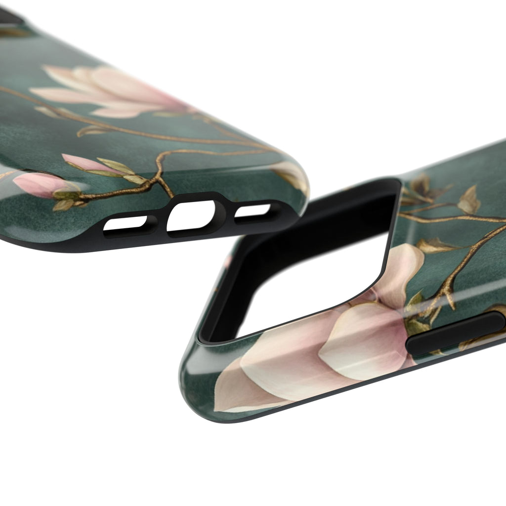 Emerald Magnolia protective phone case, close-up at an angle