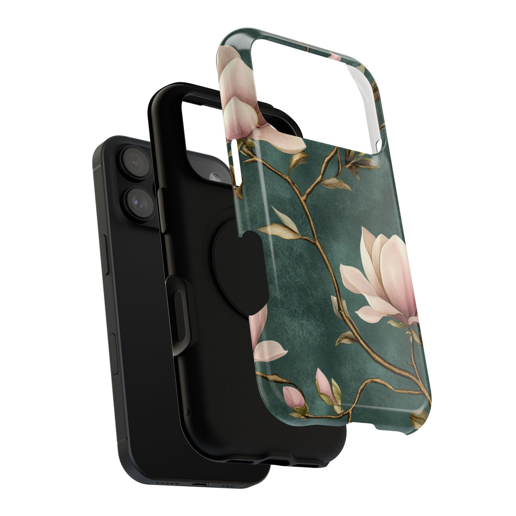 Emerald Magnolia protective phone case, close-up of the dual-layer construction