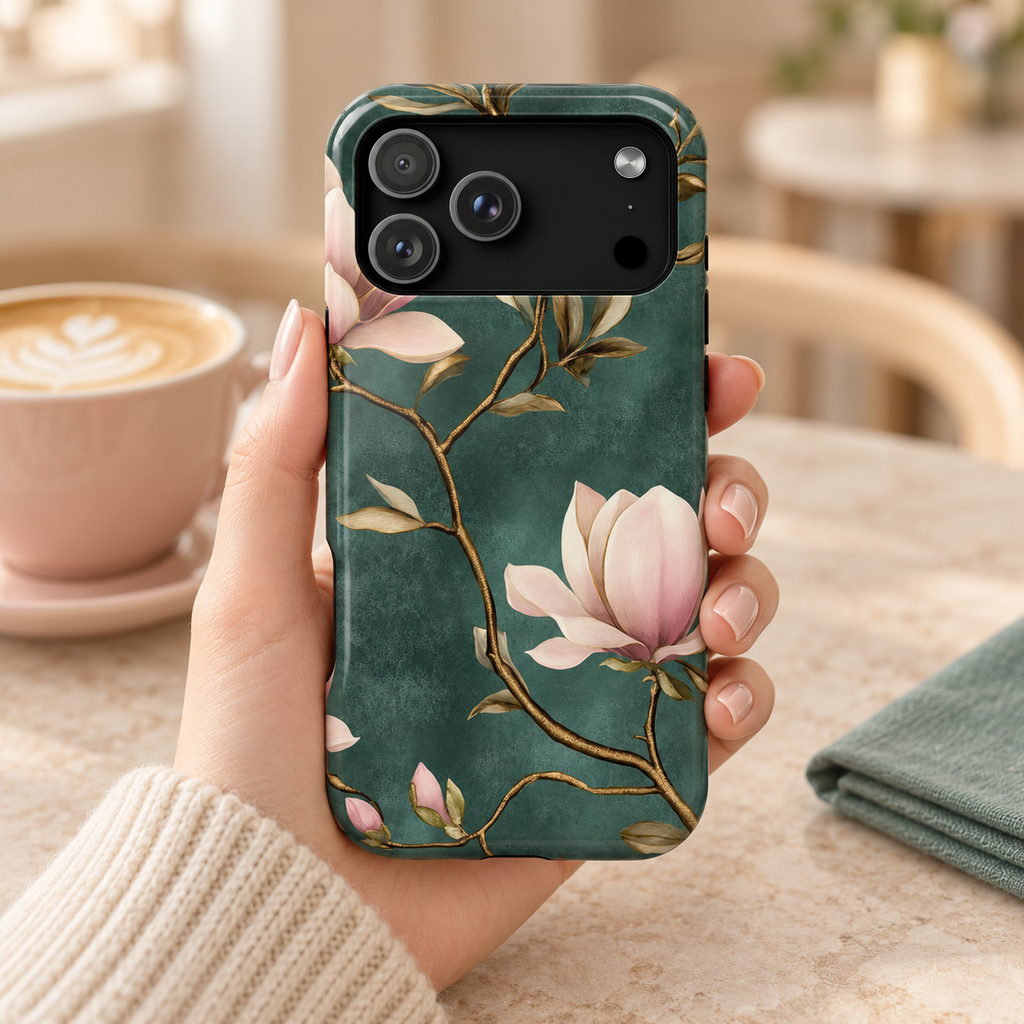 Emerald Magnolia MagSafe case, blush magnolias on emerald green, lifestyle photo in hand with coffee