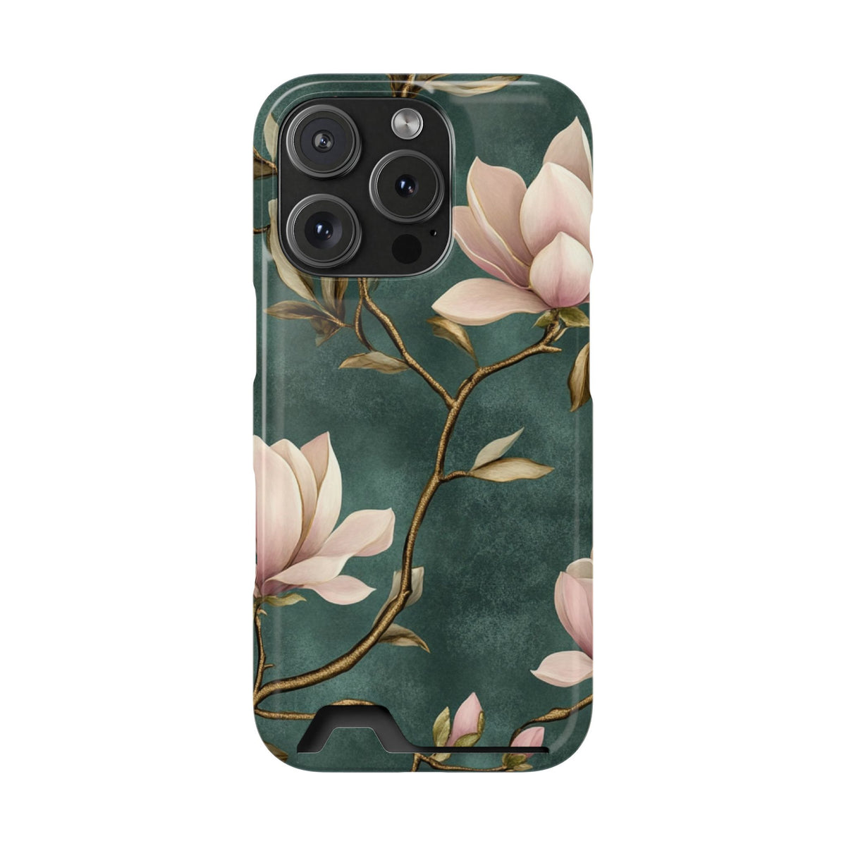 Emerald Magnolia phone case with card holder for iPhone 16 Pro, glossy finish