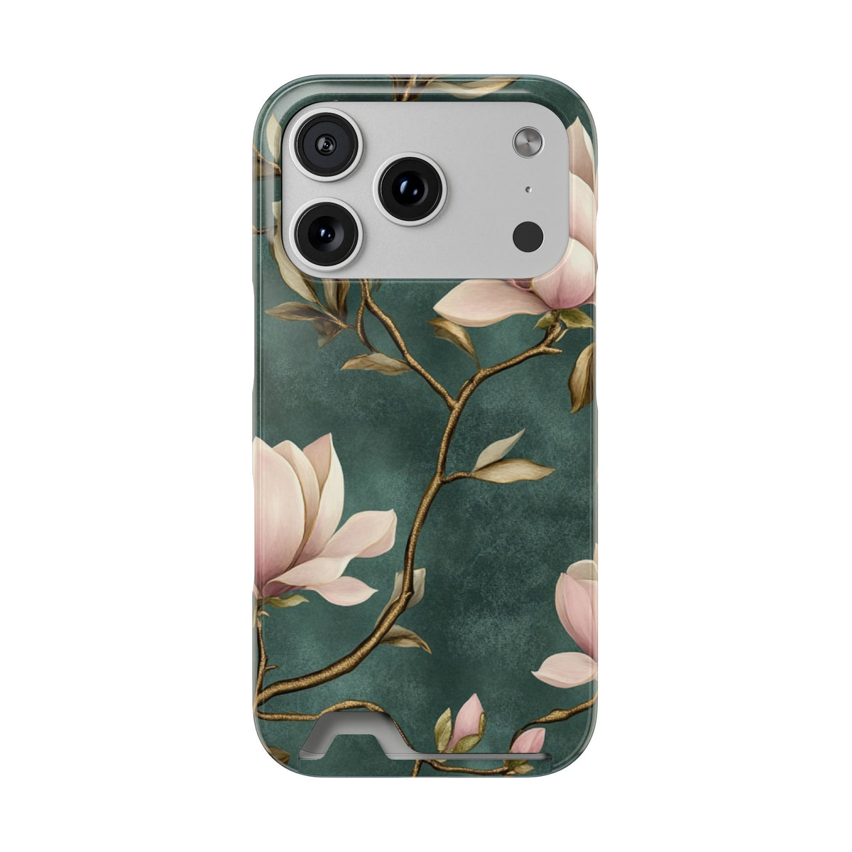 Emerald Magnolia phone case with card holder for iPhone 17 Pro, glossy finish