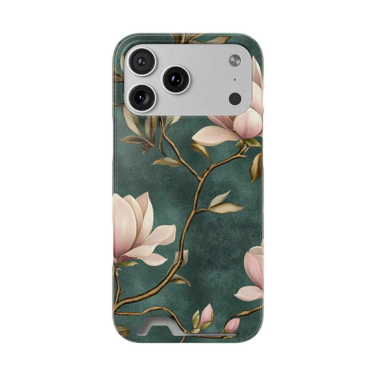 Emerald Magnolia phone case with card holder for iPhone 17 Pro Max, glossy finish