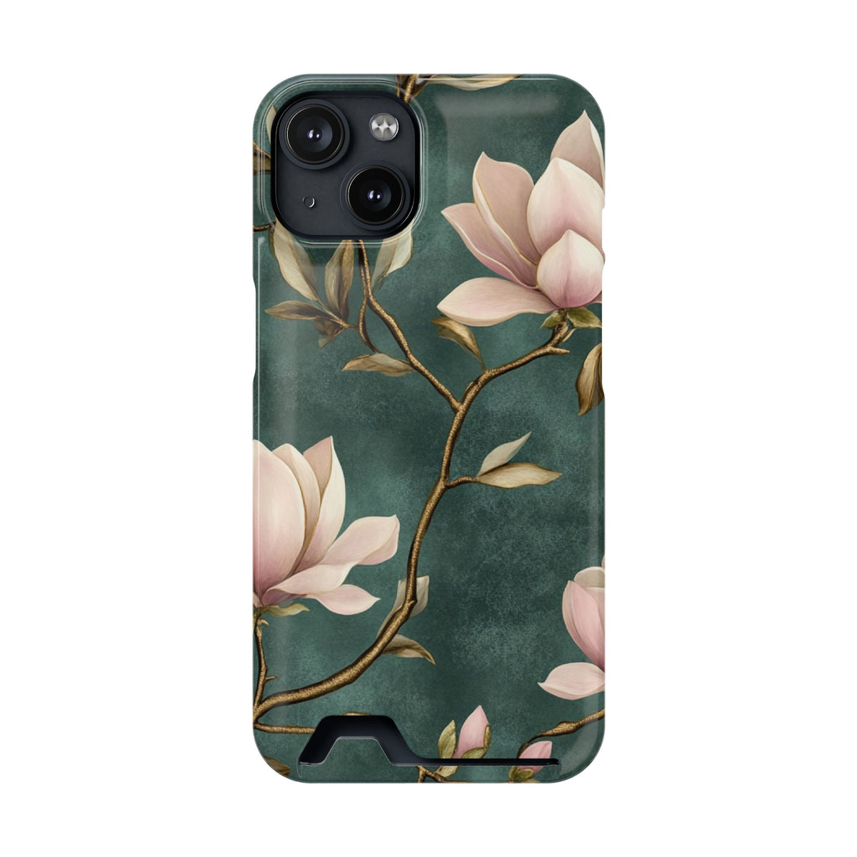 Emerald Magnolia phone case with card holder for iPhone 14, glossy finish