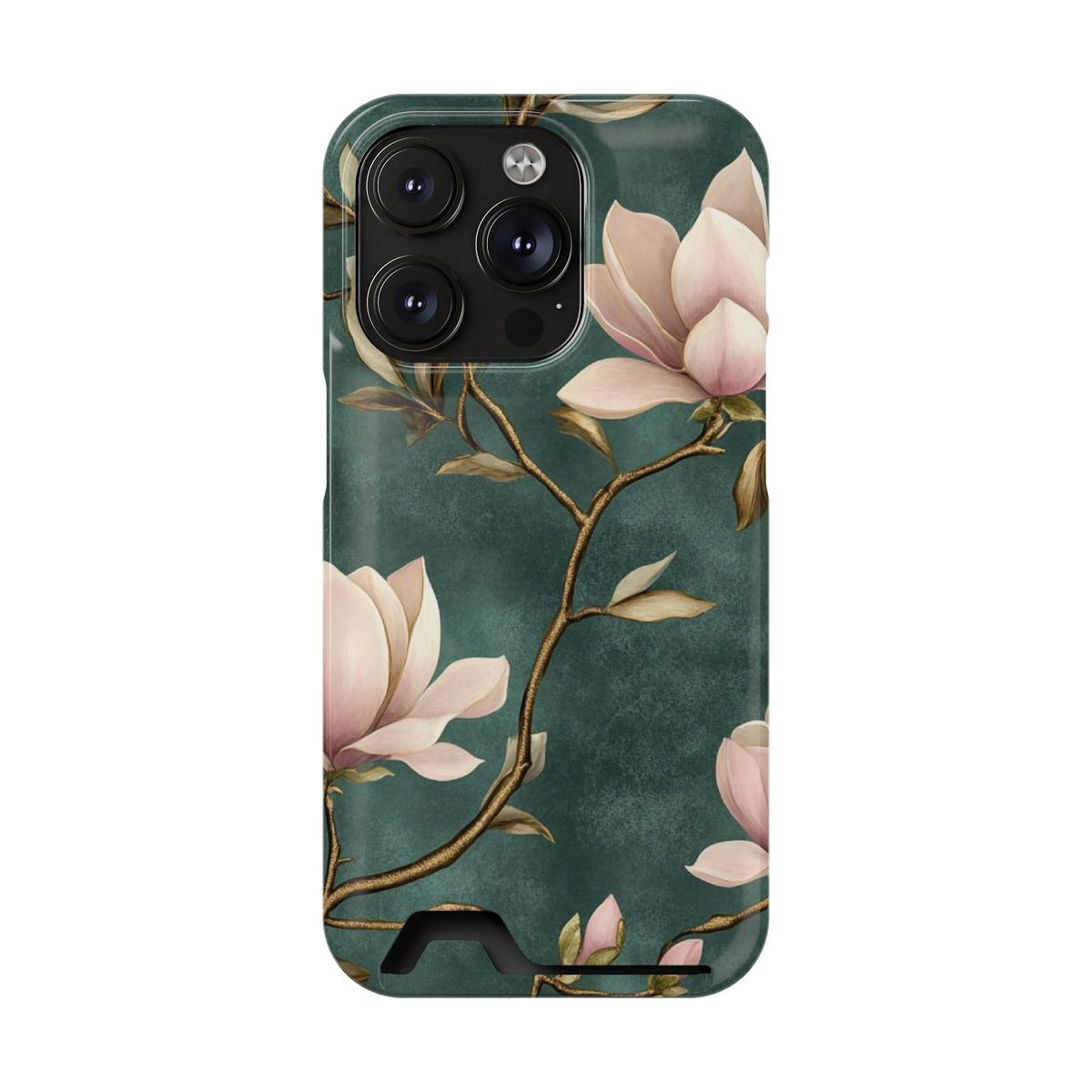 Emerald Magnolia phone case with card holder for iPhone 14 Pro, glossy finish