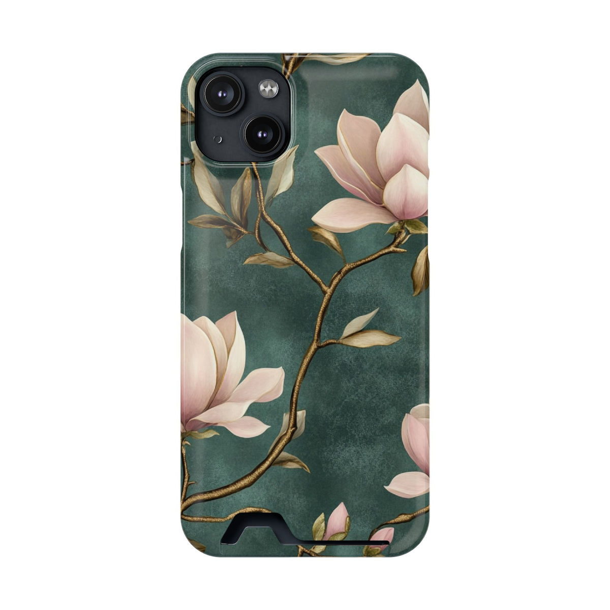 Emerald Magnolia phone case with card holder for iPhone 14 Plus, glossy finish