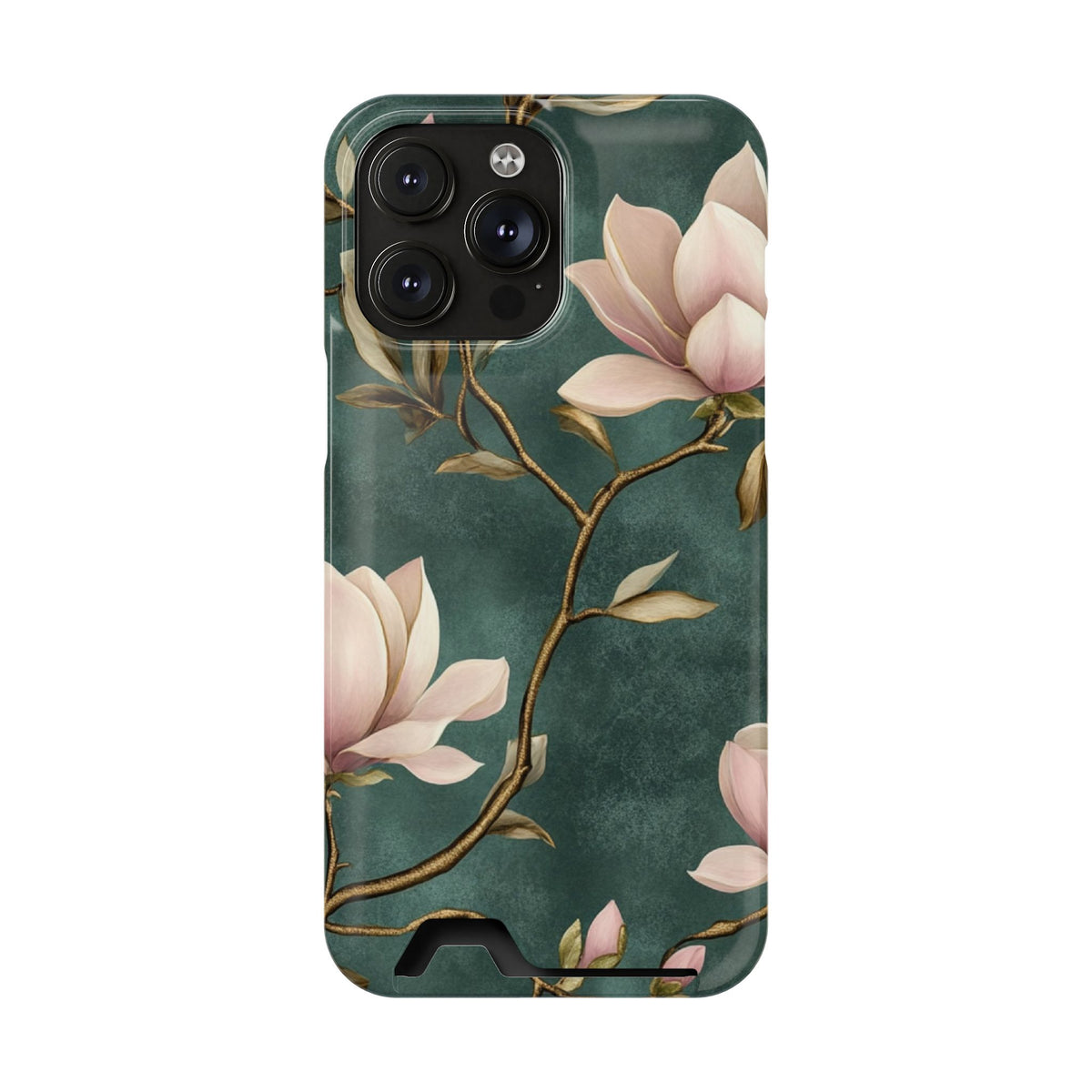 Emerald Magnolia phone case with card holder for iPhone 14 Pro Max, glossy finish