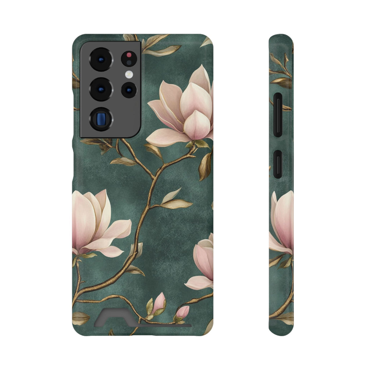 Emerald Magnolia phone case with card holder for Samsung Galaxy S22 Plus, glossy finish
