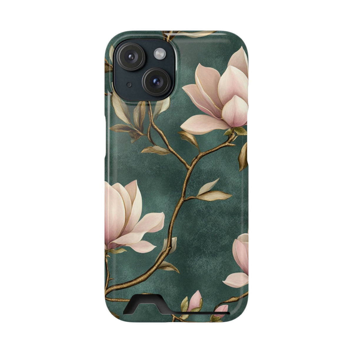 Emerald Magnolia phone case with card holder for iPhone 15, glossy finish