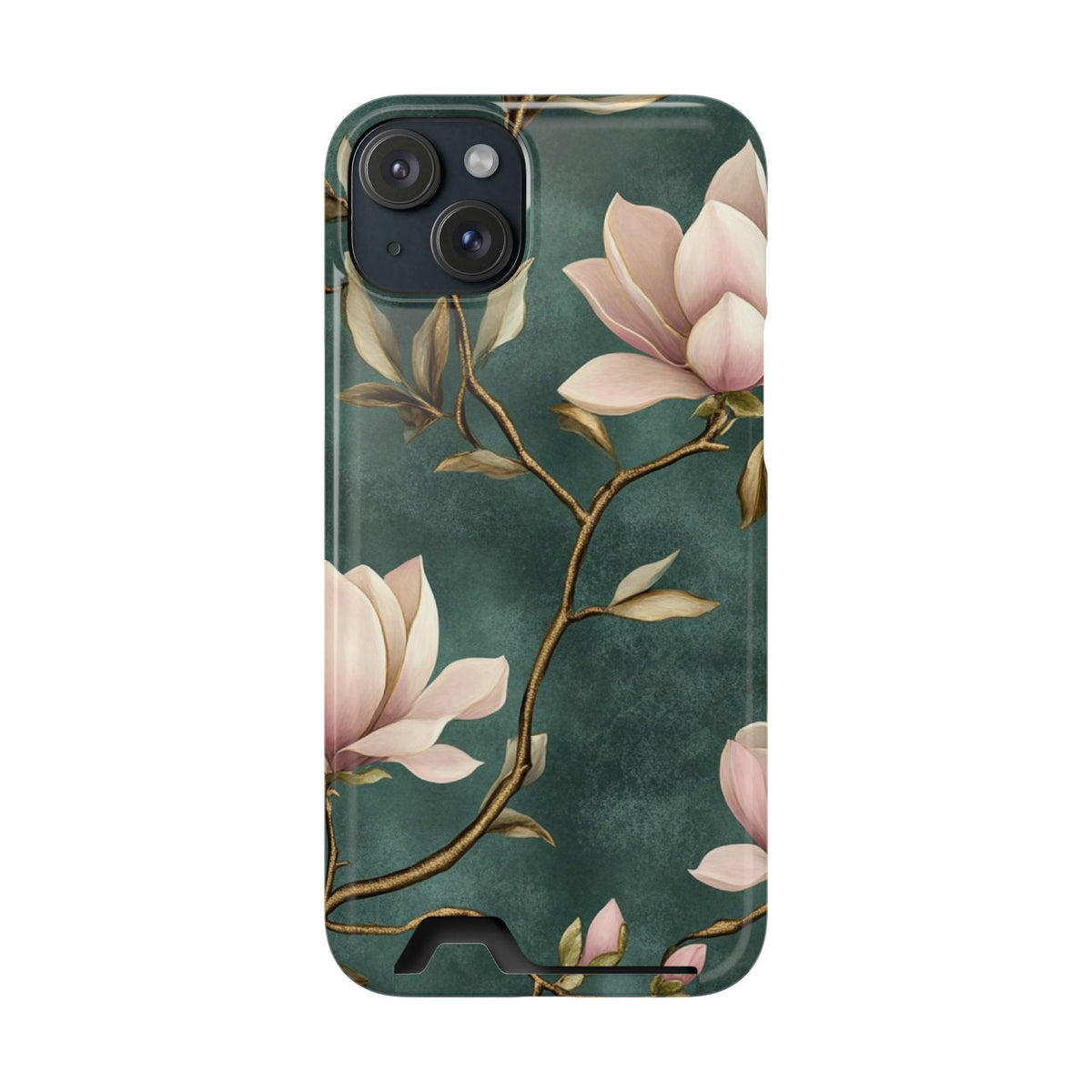Emerald Magnolia phone case with card holder for iPhone 15 Plus, glossy finish