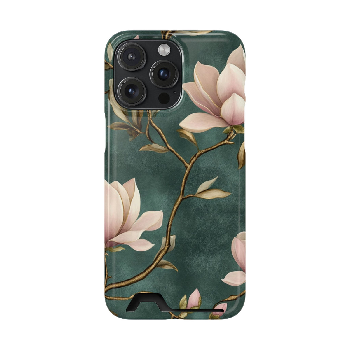 Emerald Magnolia phone case with card holder for iPhone 15 Pro Max, glossy finish