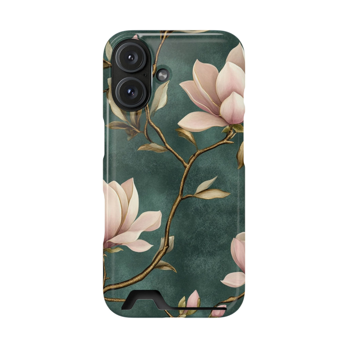Emerald Magnolia phone case with card holder for iPhone 16, glossy finish
