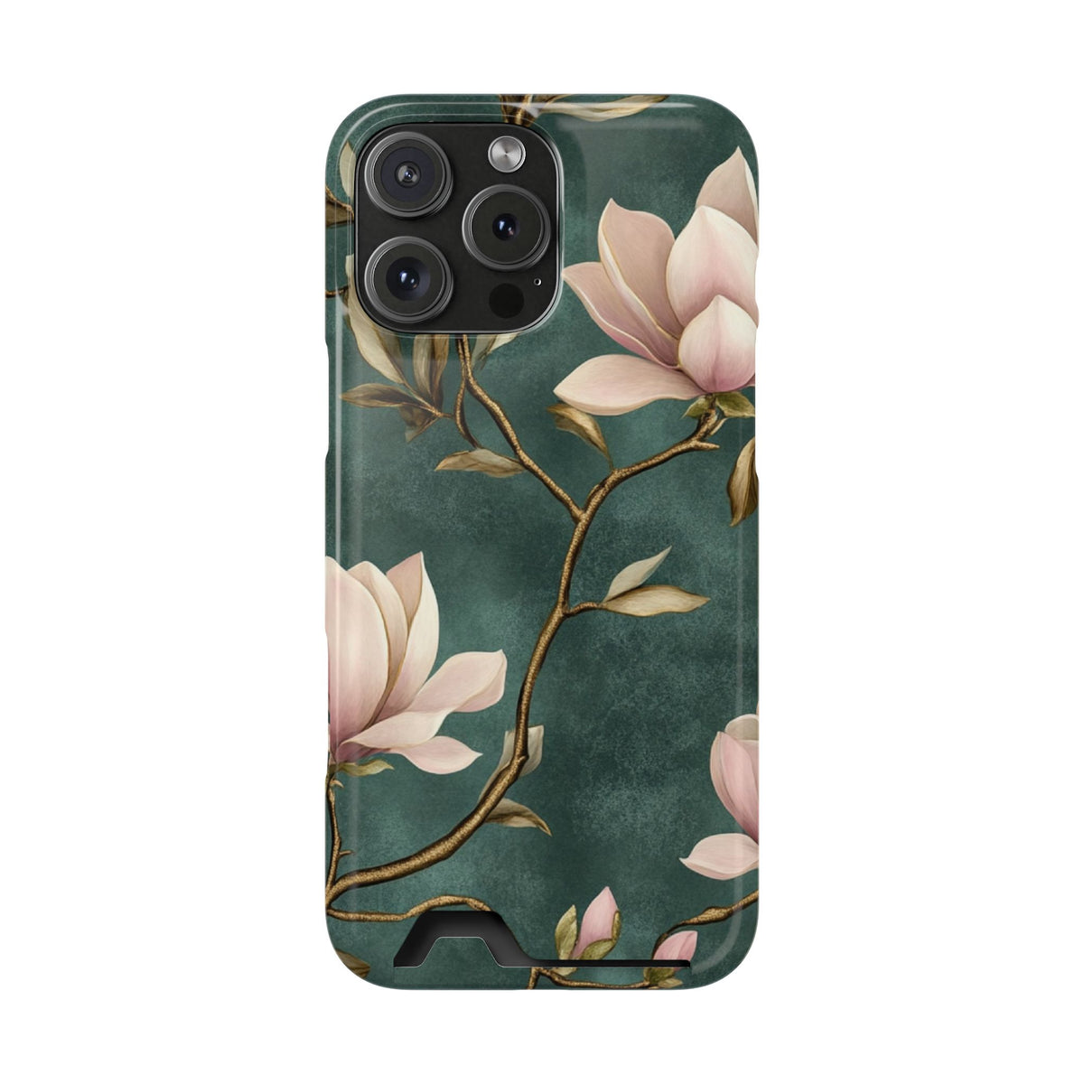 Emerald Magnolia phone case with card holder for iPhone 16 Pro Max, glossy finish