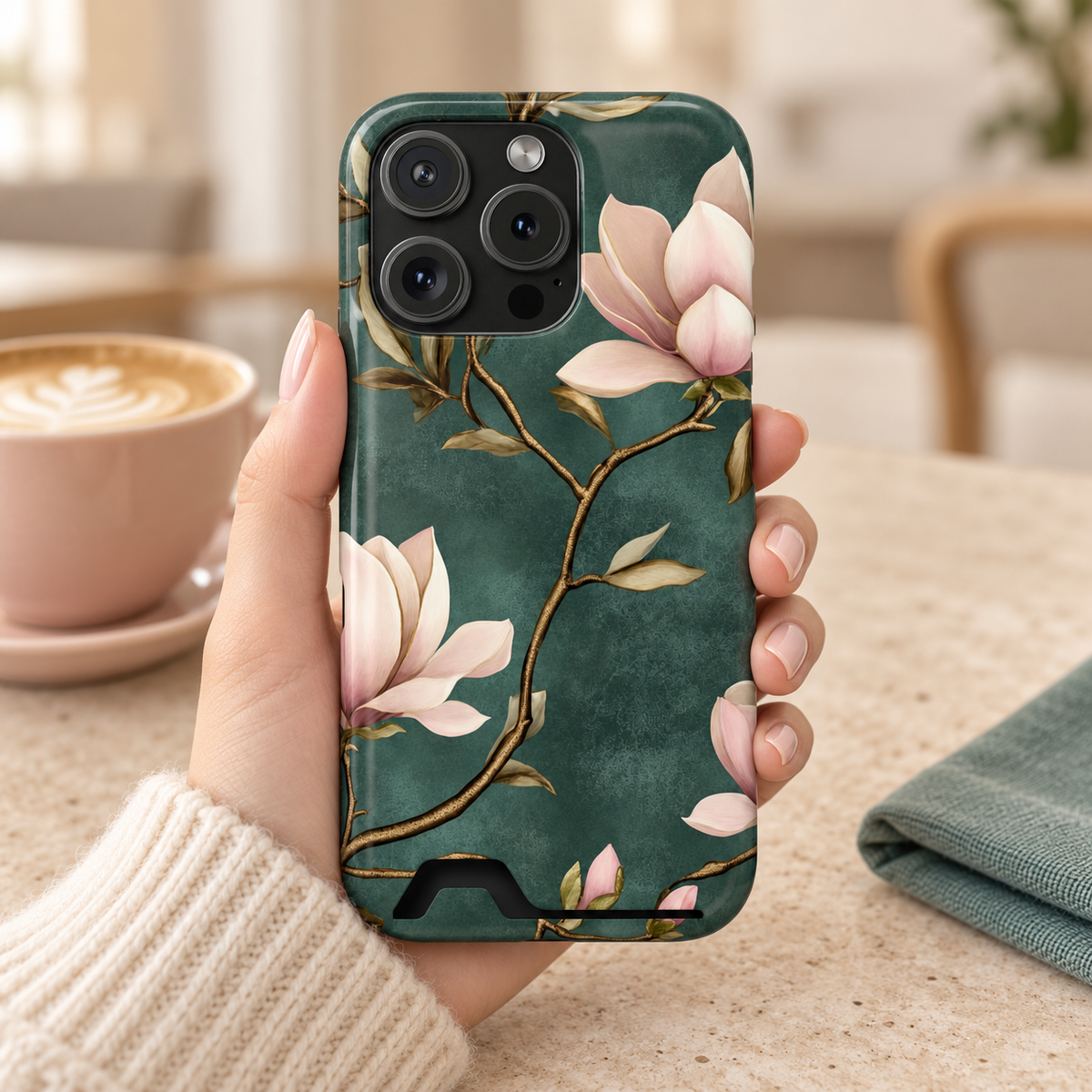 Emerald Magnolia phone case with card holder, blush magnolias on emerald green, lifestyle photo in hand with coffee