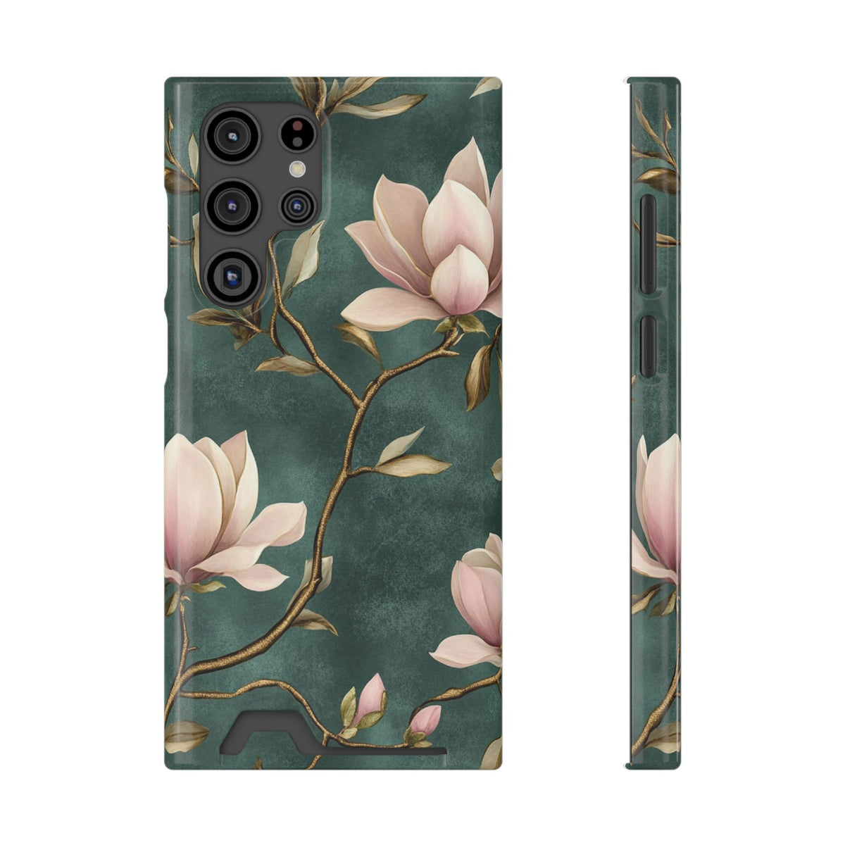 Emerald Magnolia phone case with card holder for Samsung Galaxy S22 Ultra, glossy finish
