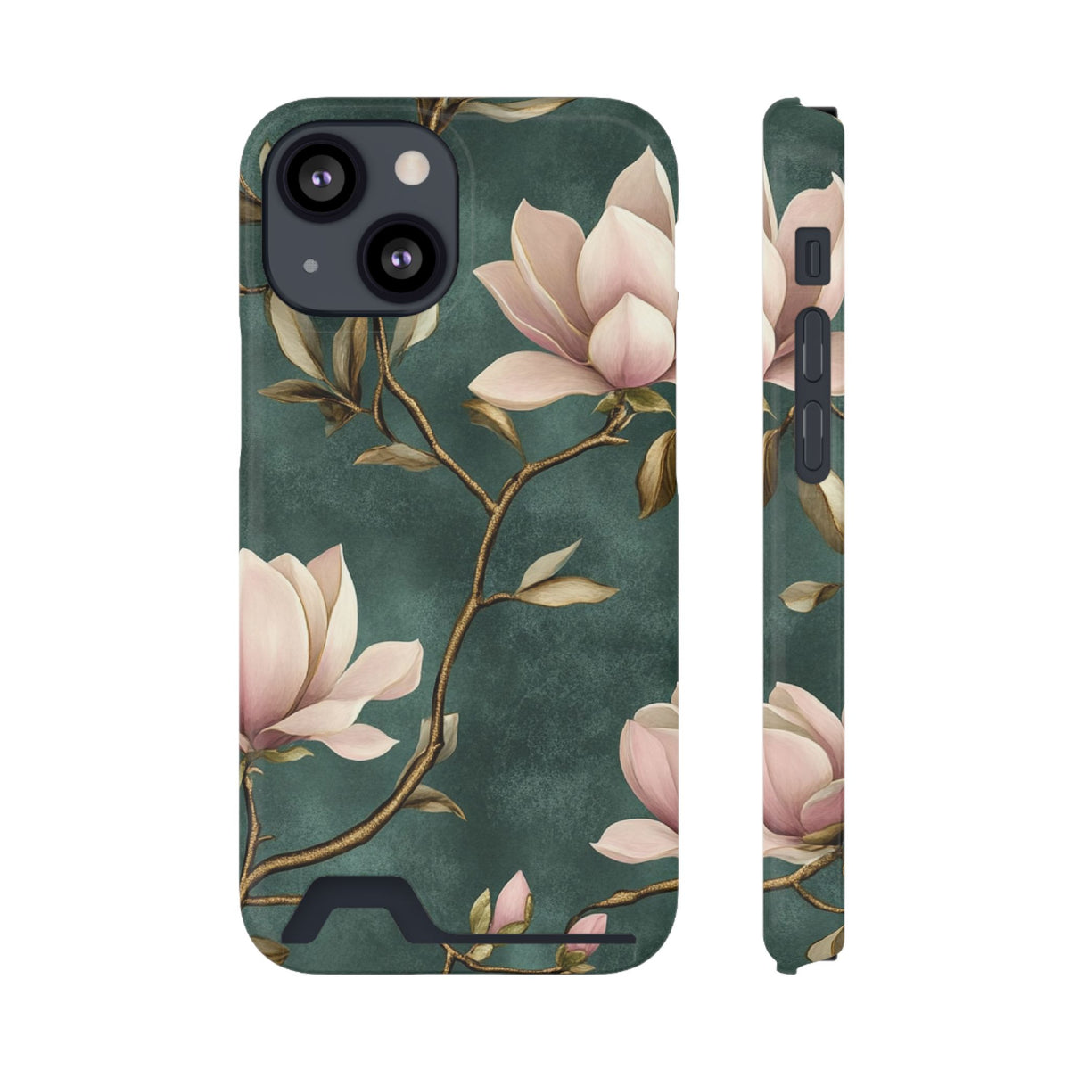 Emerald Magnolia phone case with card holder for iPhone 13 Mini, glossy finish