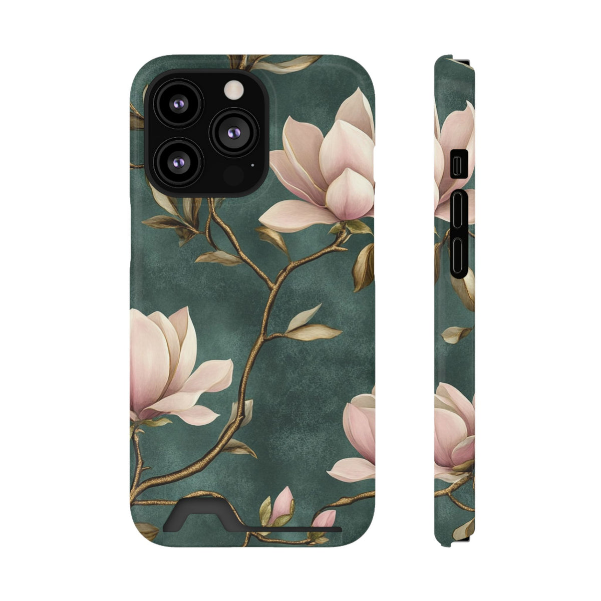 Emerald Magnolia phone case with card holder for iPhone 13 Pro, glossy finish