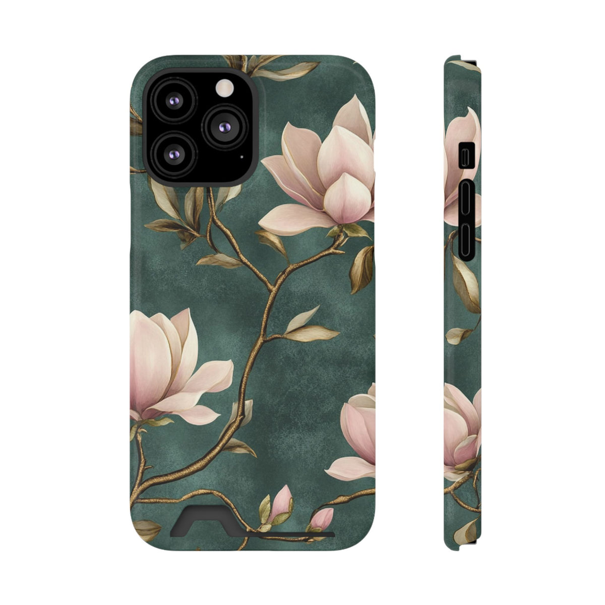 Emerald Magnolia phone case with card holder for iPhone 13 Pro Max, glossy finish