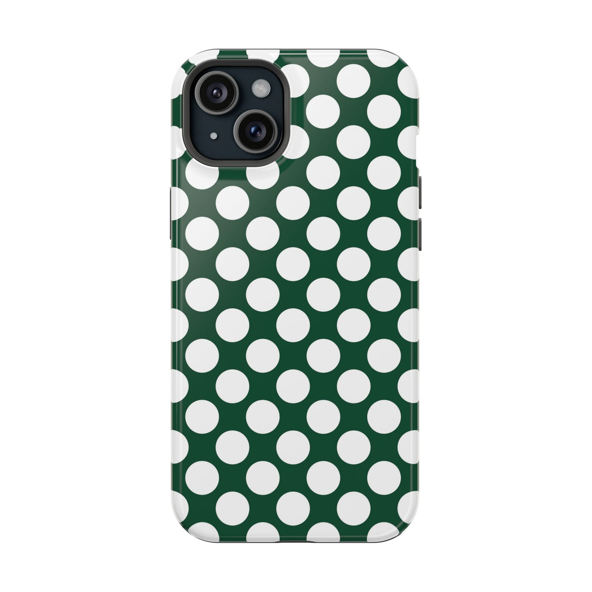 Emerald Polka Dot protective phone case for iPhone 15 Plus, glossy finish
