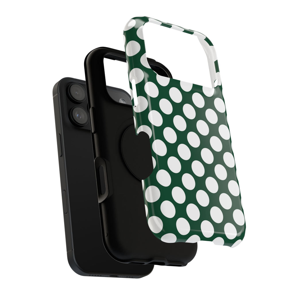 Emerald Polka Dot protective phone case, close-up of the dual-layer construction