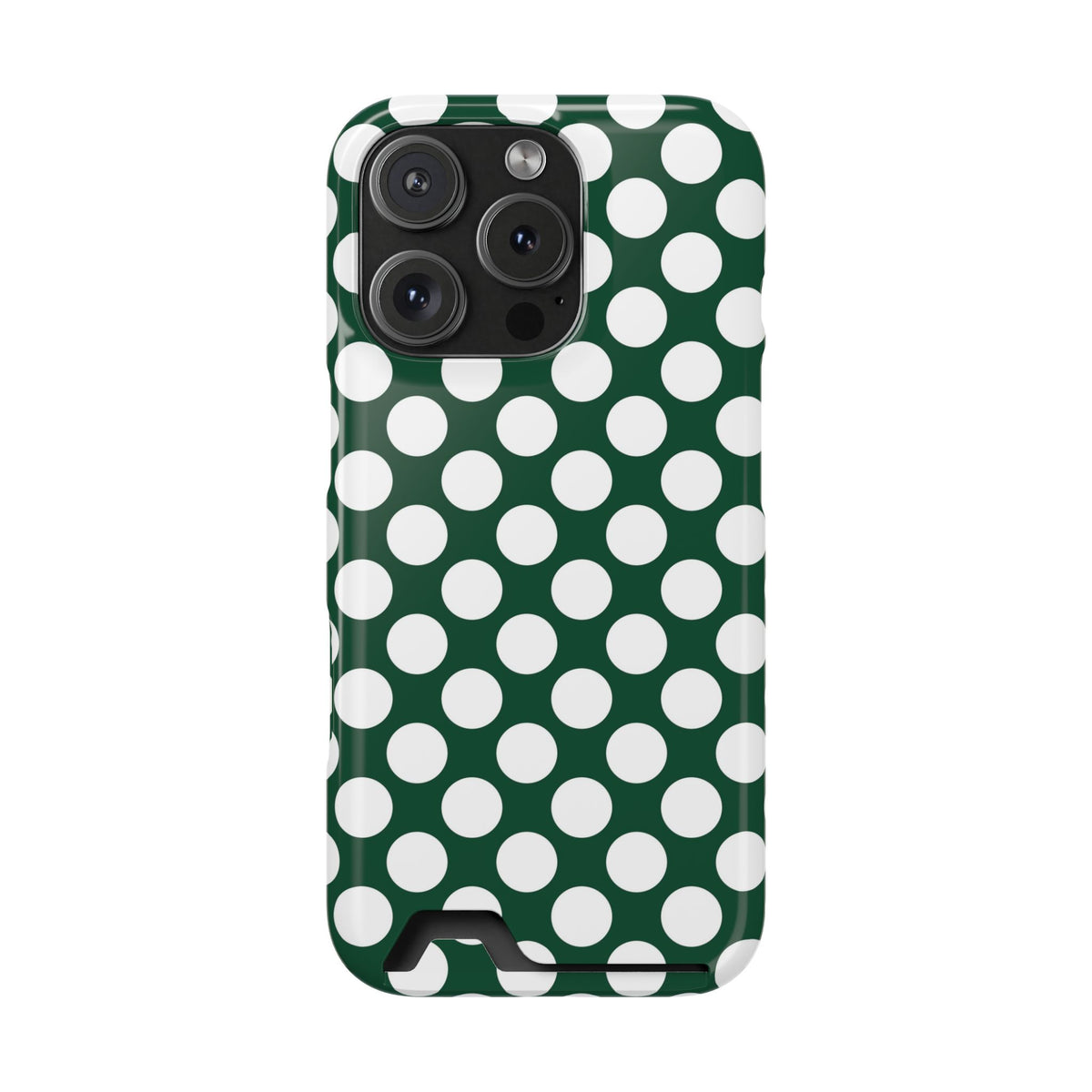 Emerald Polka Dot phone case with card holder for iPhone 16 Pro, glossy finish