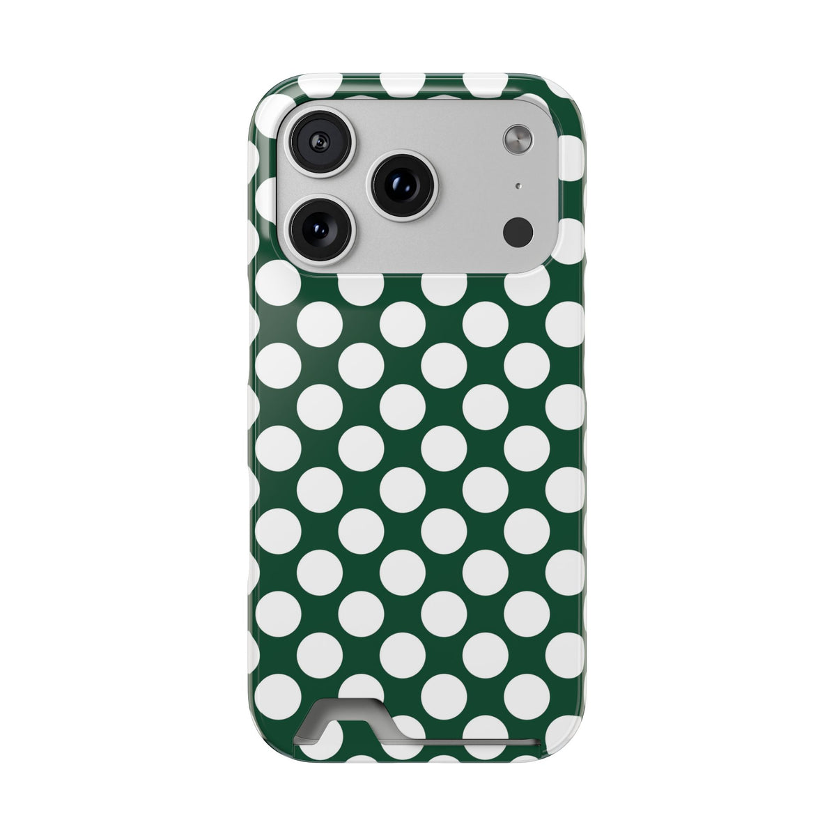 Emerald Polka Dot phone case with card holder for iPhone 17 Pro, glossy finish