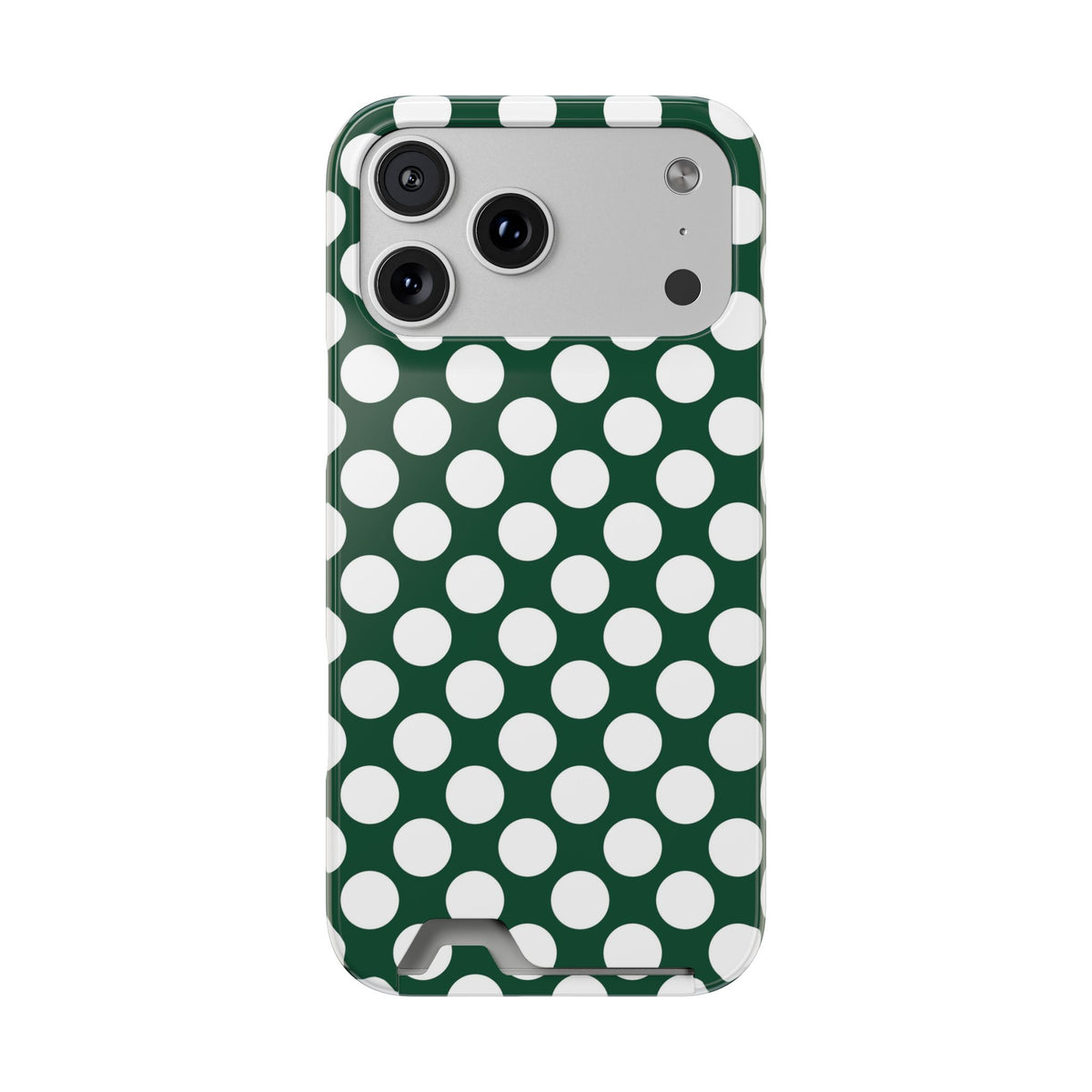 Emerald Polka Dot phone case with card holder for iPhone 17 Pro Max, glossy finish