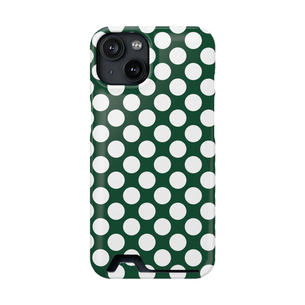 Emerald Polka Dot phone case with card holder for iPhone 14, glossy finish