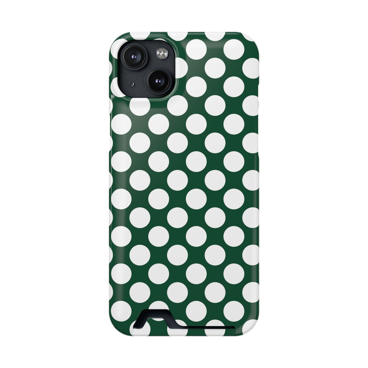 Emerald Polka Dot phone case with card holder for iPhone 14 Plus, glossy finish