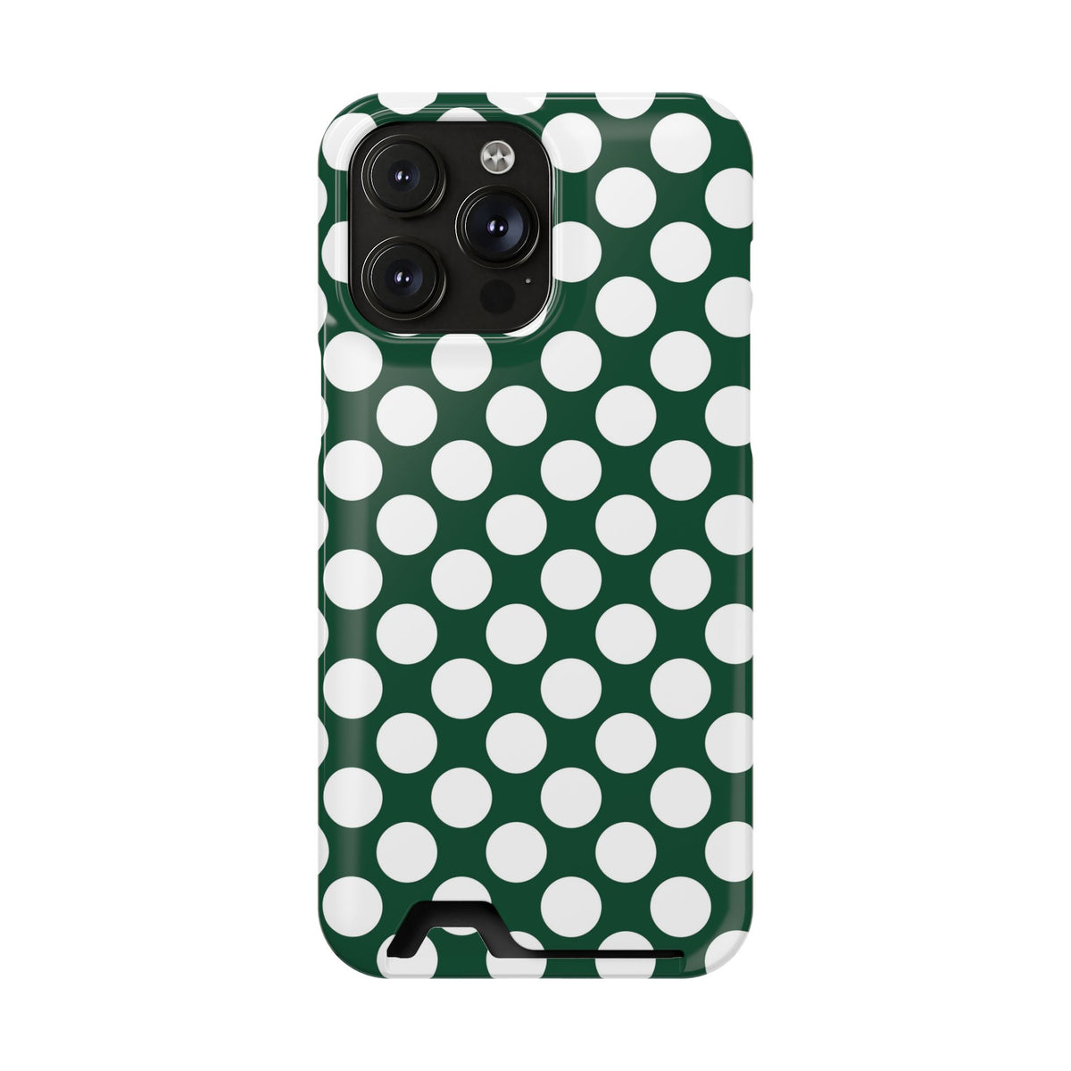 Emerald Polka Dot phone case with card holder for iPhone 14 Pro Max, glossy finish