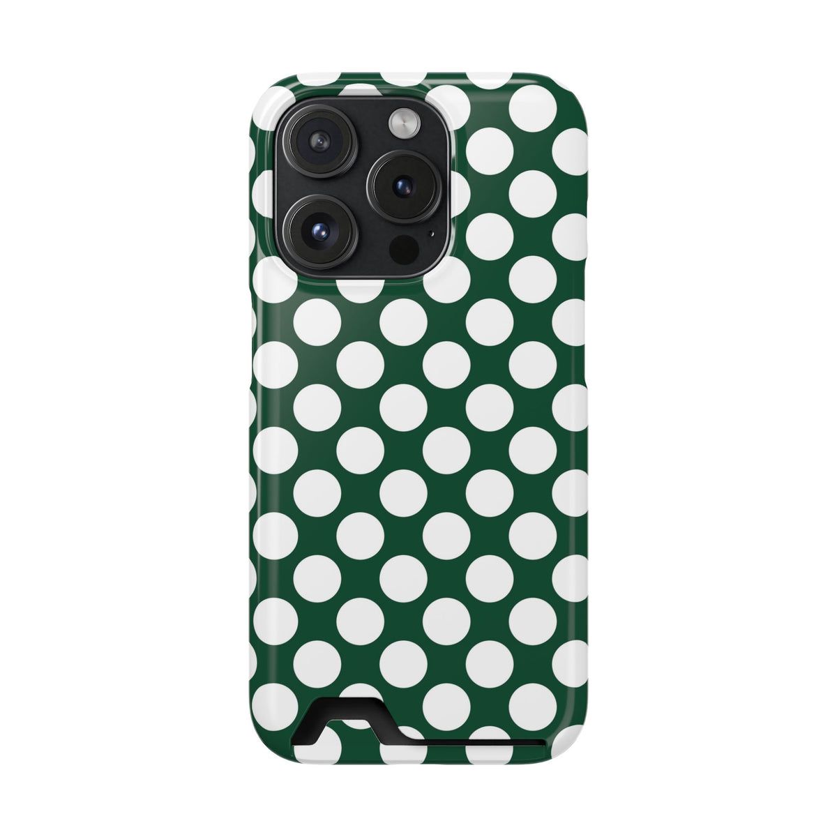 Emerald Polka Dot phone case with card holder for iPhone 15 Pro, glossy finish