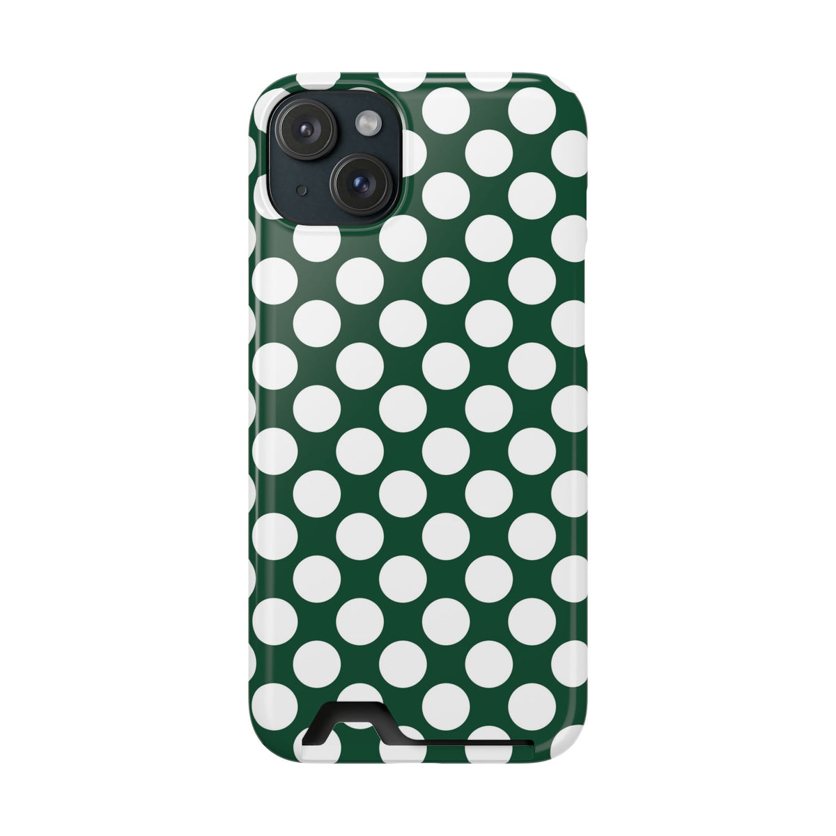 Emerald Polka Dot phone case with card holder for iPhone 15 Plus, glossy finish