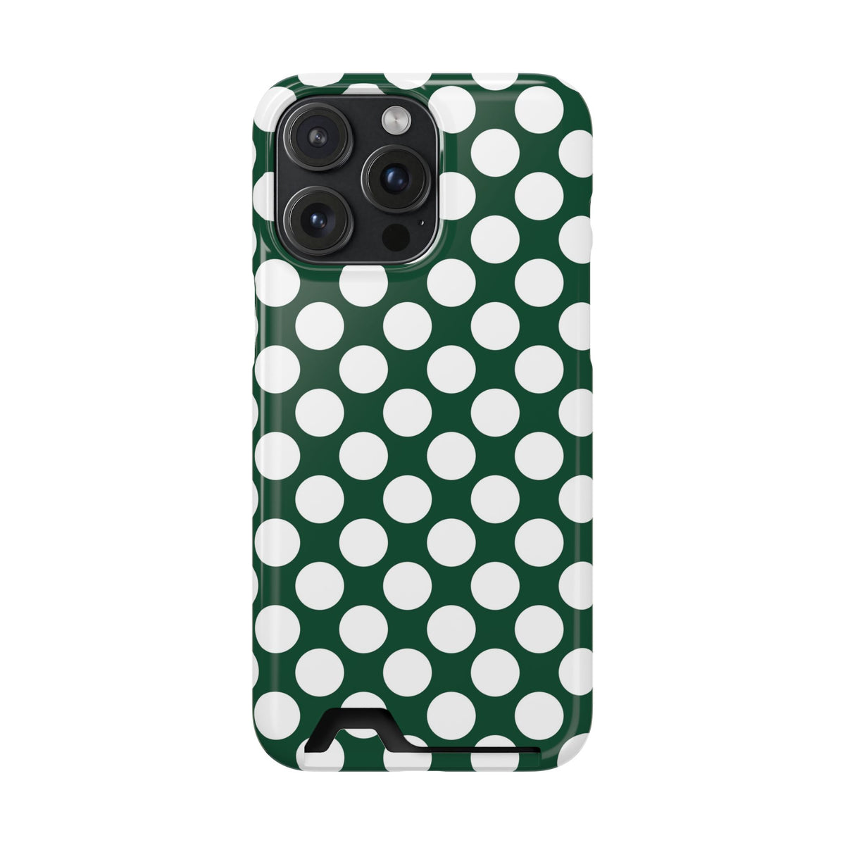 Emerald Polka Dot phone case with card holder for iPhone 15 Pro Max, glossy finish
