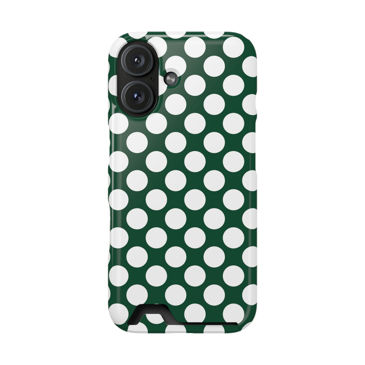 Emerald Polka Dot phone case with card holder for iPhone 16, glossy finish