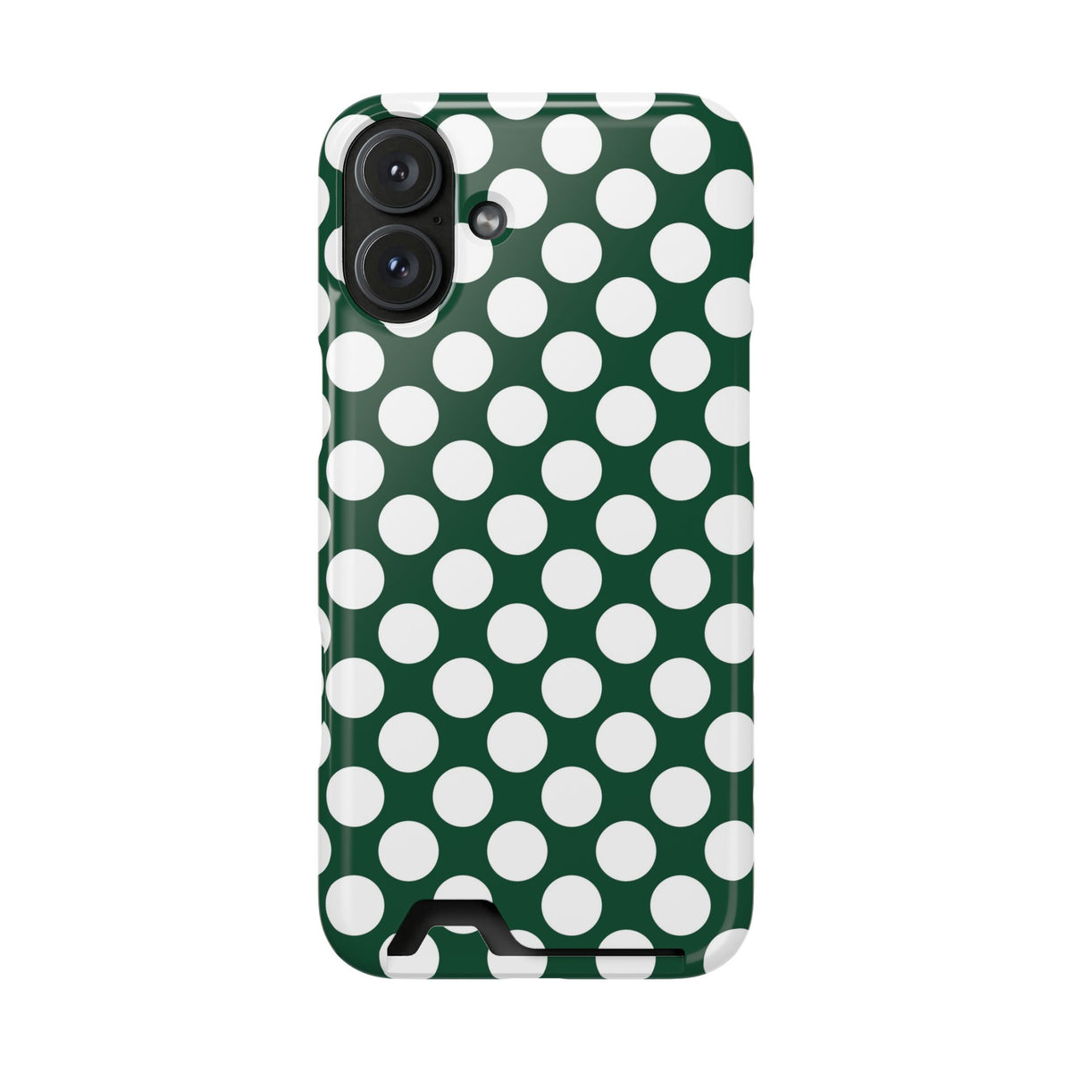 Emerald Polka Dot phone case with card holder for iPhone 16 Plus, glossy finish