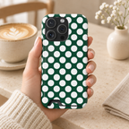 Emerald Polka Dot phone case with card holder, big white polka dots on emerald green, lifestyle photo in hand with coffee