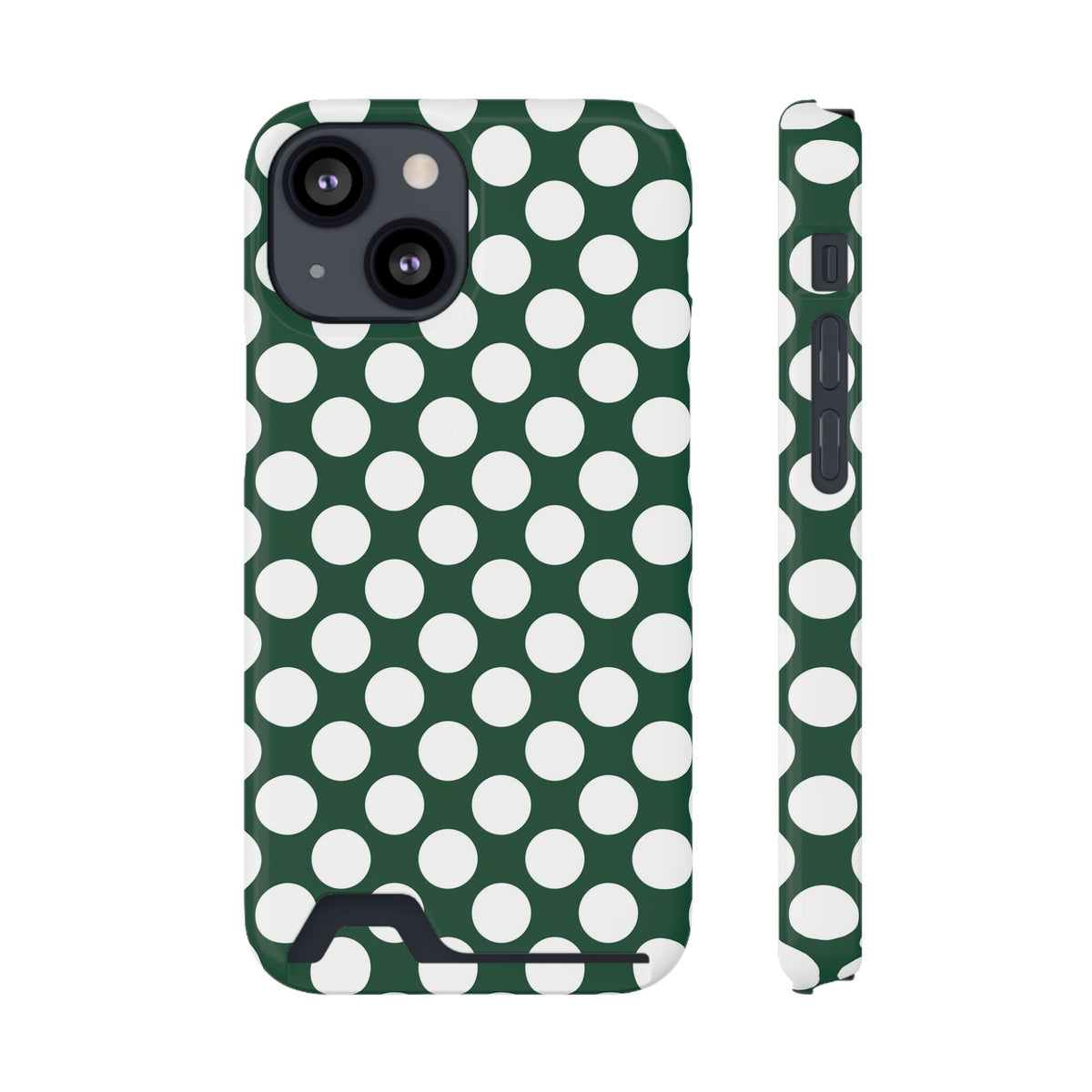 Emerald Polka Dot phone case with card holder for iPhone 13 Mini, glossy finish