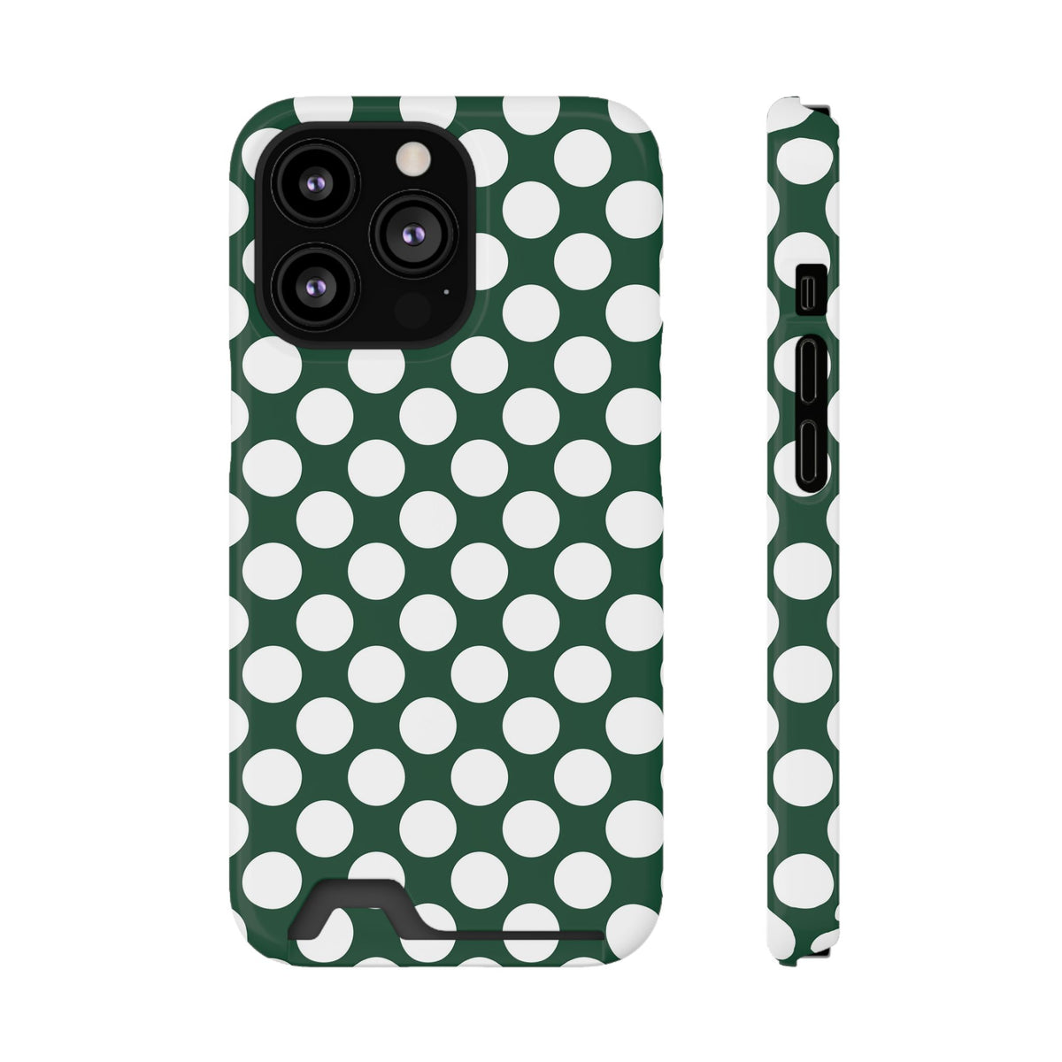 Emerald Polka Dot phone case with card holder for iPhone 13 Pro, glossy finish