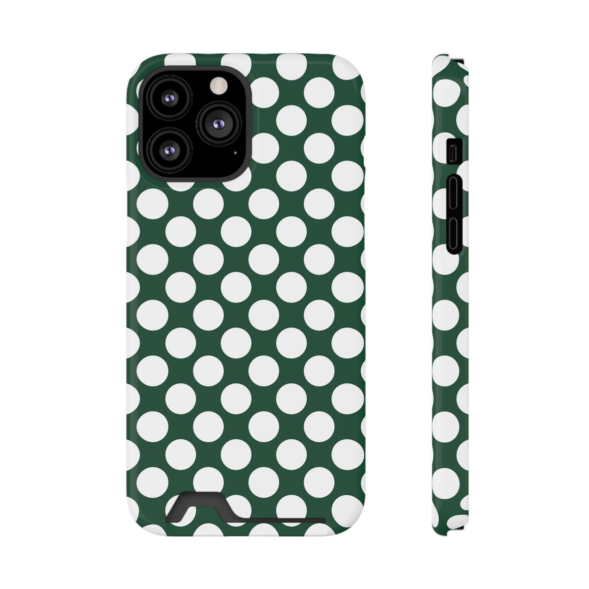 Emerald Polka Dot phone case with card holder for iPhone 13 Pro Max, glossy finish
